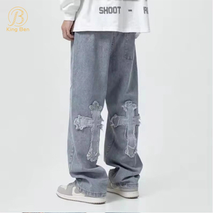 Benvenuto OEM ODM vendita calda jeans personalizzati moda streetwear hip hop pantaloni jeans larghi a vita bassa pantaloni incrociati in denim da uomo