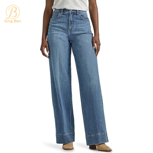 OEM ODM Jeans larghi da donna larghi alla moda in denim lavato blu con bottoni in denim dritto per abbigliamento casual in vendita Pantaloni da donna