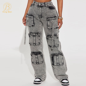 OEM ODM Logo personalizzato Nuovi jeans da donna alla moda Pantaloni cargo larghi larghi in denim grigio con jeans cargo tascabili per le donne