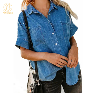 Camicette da donna con tasca a maniche lunghe casual con colletto in camicia di jeans abbottonata blu da donna personalizzata in fabbrica OEM ODM