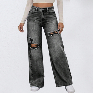OEM ODM Vendita calda Jeans strappati personalizzati Gry Pantaloni jeans a vita alta Jean larghi di alta qualità per le donne