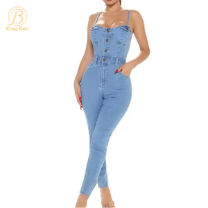 Benvenuto OEM ODM nuove donne di design tute senza maniche signore blu denim jeans tuta fabbrica
